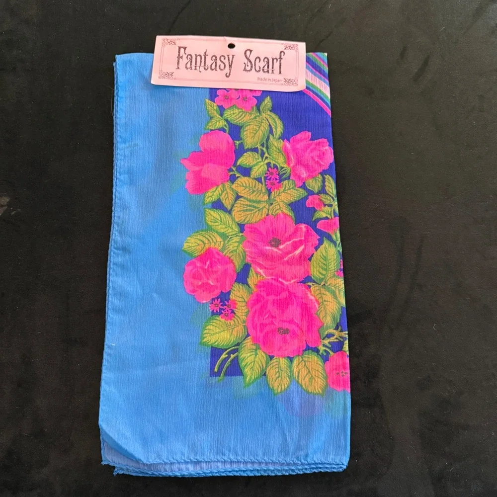 Fantasy Scarf Blue Pink Floral Rose Square 28x28 Nylon Made in Japan 09931